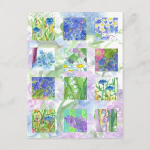 Blue Watercolor Flowers Collage Art Lilac Daisy Postcard