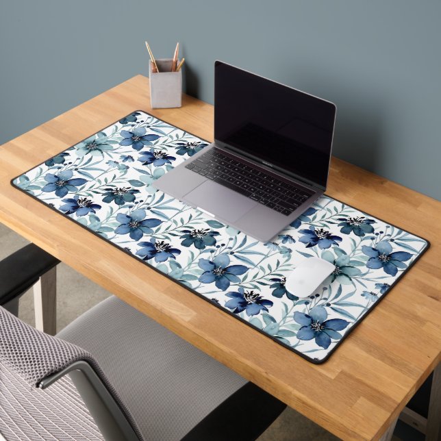 Blue Watercolor Flowers Desk Mat (Office 2)