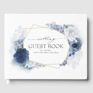 Blue Watercolor Flowers Elegant Wedding Guest Book