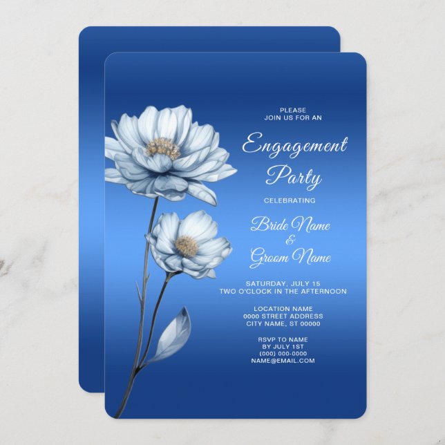 Blue Watercolor Flowers Engagement Invitation (Front/Back)