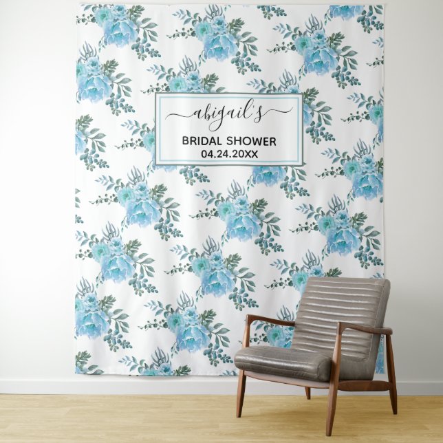 Blue watercolor flowers floral bridal shower tapestry (In Situ)