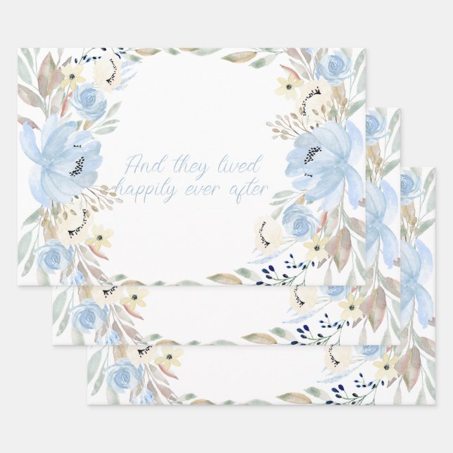 Blue Watercolor Flowers Frame Personalised  Wrapping Paper Sheet (Set)