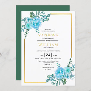 Blue watercolor flowers, gold frame floral wedding invitation