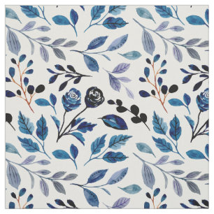 Blue Watercolor Flowers Leaves White Botanical Fabric