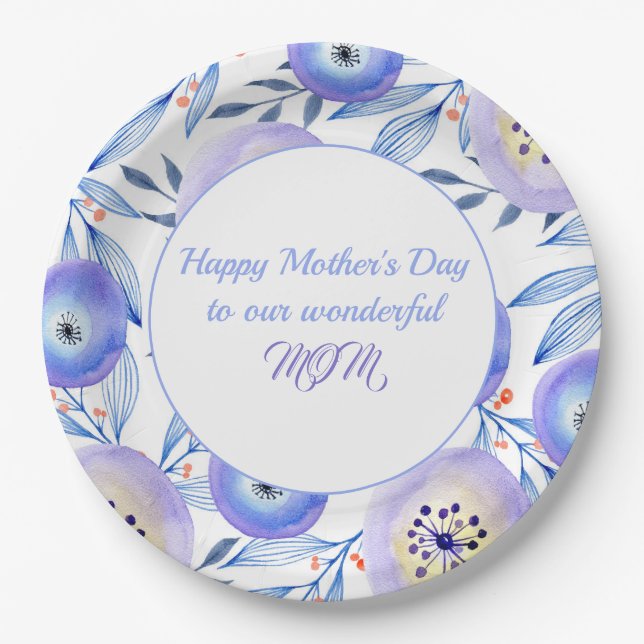 Blue Watercolor Flowers Mother's Day Paper Plate (Front)