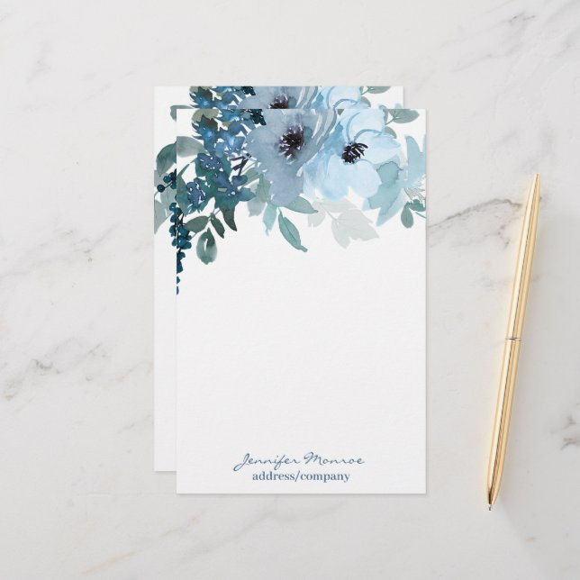 Blue watercolor flowers personalised stationery (Front/Back In Situ)