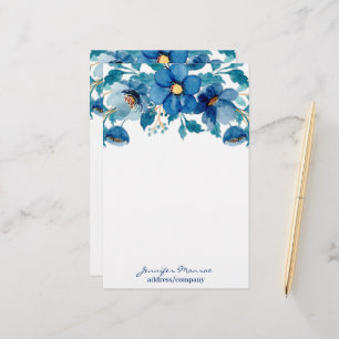 Blue watercolor flowers personalised stationery