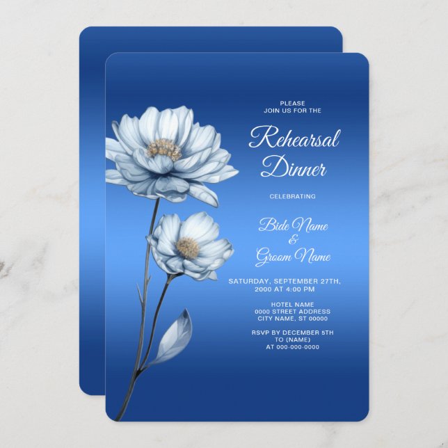 Blue Watercolor Flowers Rehearsal Dinner Invitation (Front/Back)