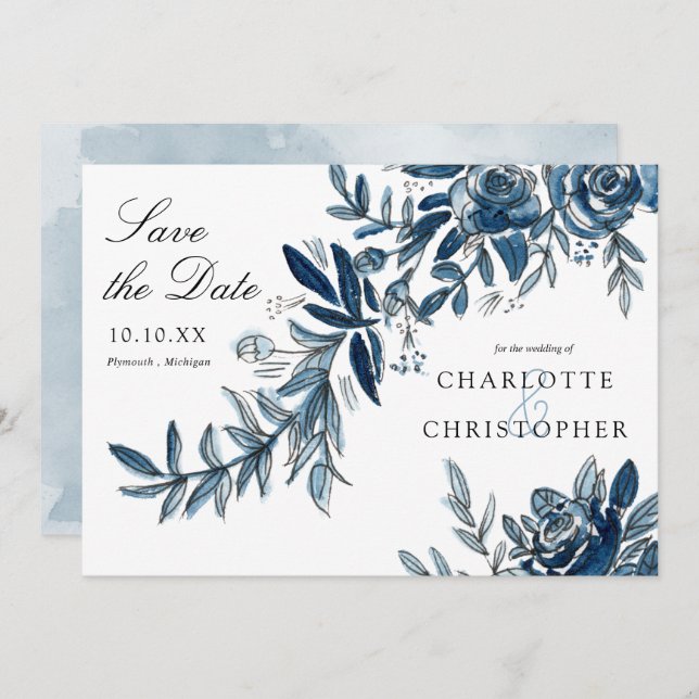 blue watercolor flowers save the date invitation (Front/Back)