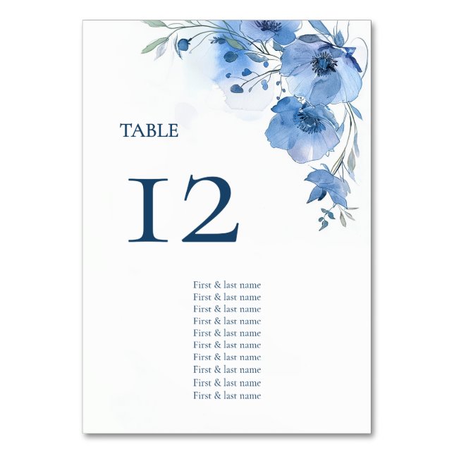 Blue Watercolor Flowers Seating Chart Table Number (Front)