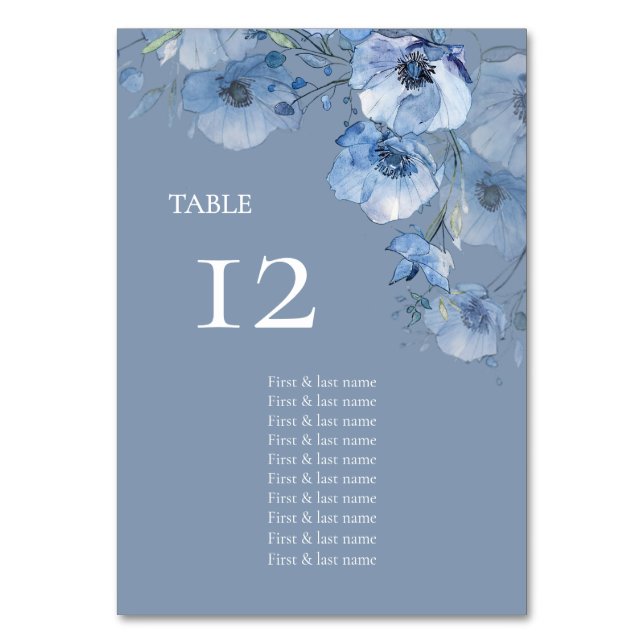 Blue Watercolor Flowers Seating Chart Table Number (Front)