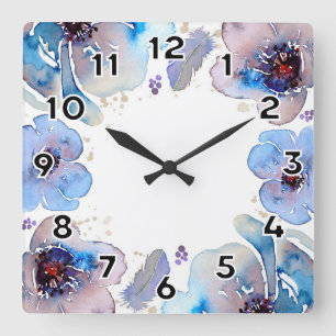 Blue Watercolor Flowers Square Wall Clock