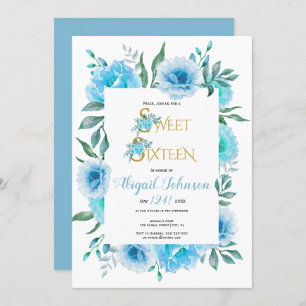 Blue watercolor flowers sweet sixteen birthday invitation