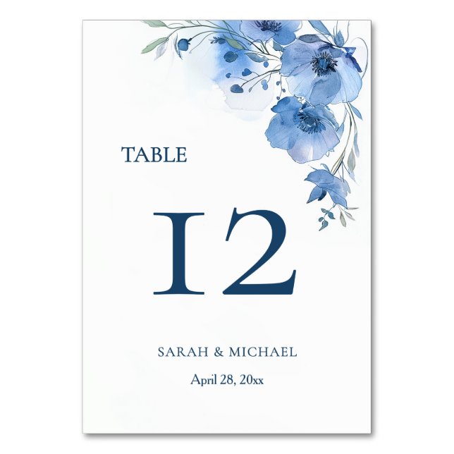 Blue Watercolor Flowers  Table Number (Front)