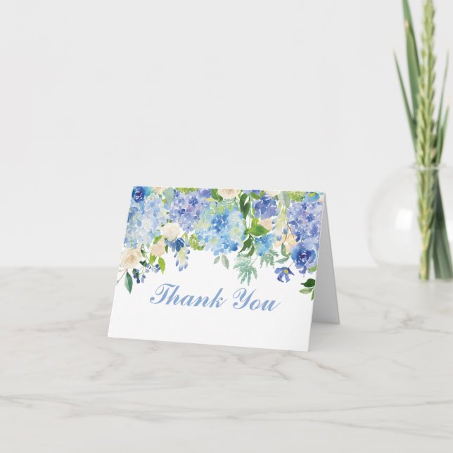 Blue Watercolor Flowers Thank You Note Card (Front)