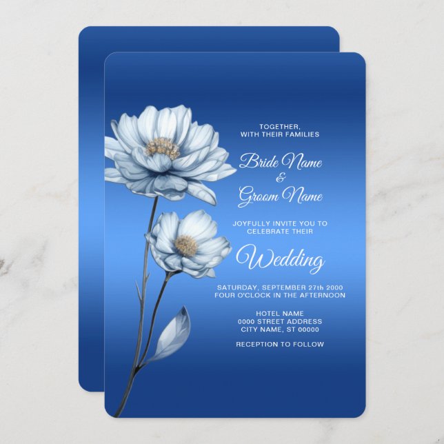Blue Watercolor Flowers Wedding Invitation (Front/Back)