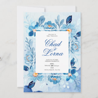 Blue Watercolor Flowers Wedding Invitation card