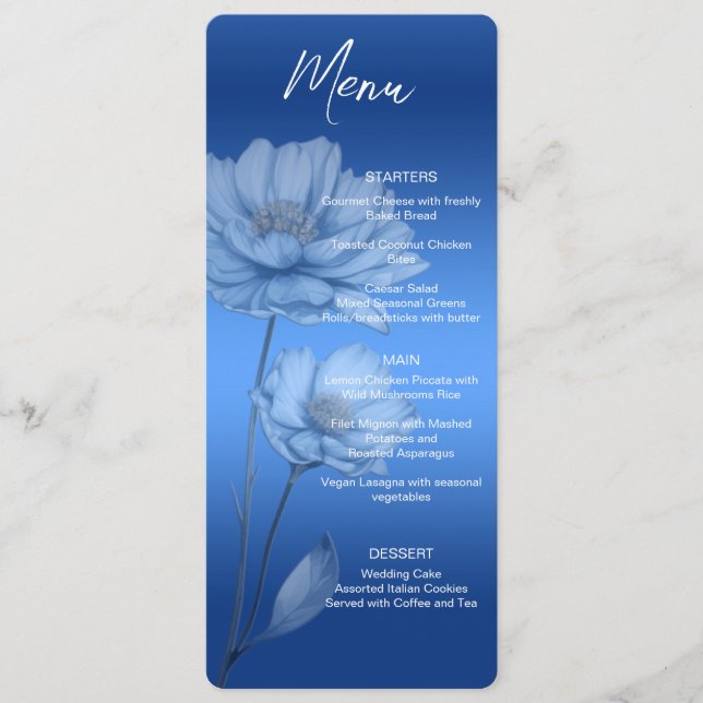 Blue Watercolor Flowers Wedding Menu (Front)