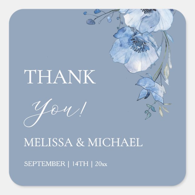 Blue Watercolor Flowers Wedding Thank You Square S Sticker (Front)