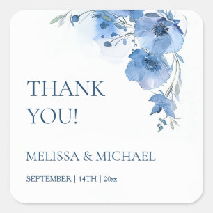 Blue Watercolor Flowers Wedding Thank You Square Sticker