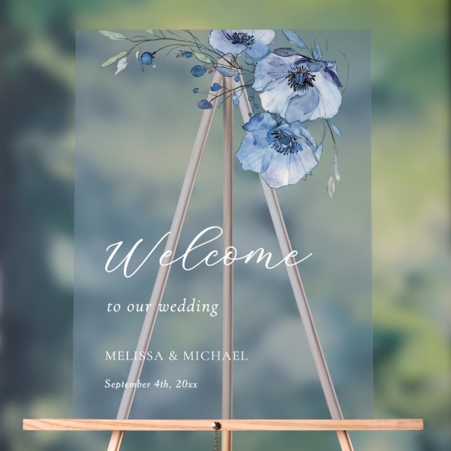 Blue Watercolor Flowers Wedding  Welcome Acrylic Sign (Neutral)