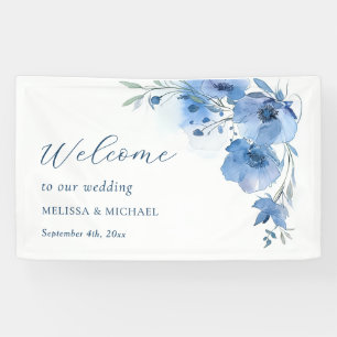 Blue Watercolor Flowers Wedding  Welcome Banner