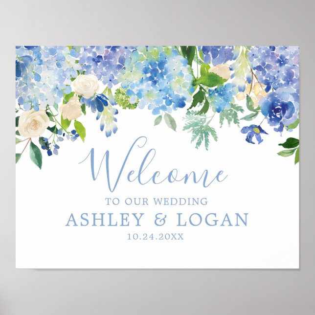 Blue Watercolor Flowers Wedding Welcome Poster (Front)