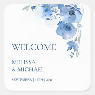Blue Watercolor Flowers Wedding Welcome Square Sticker
