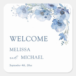 Blue Watercolor Flowers Wedding Welcome Square Sticker