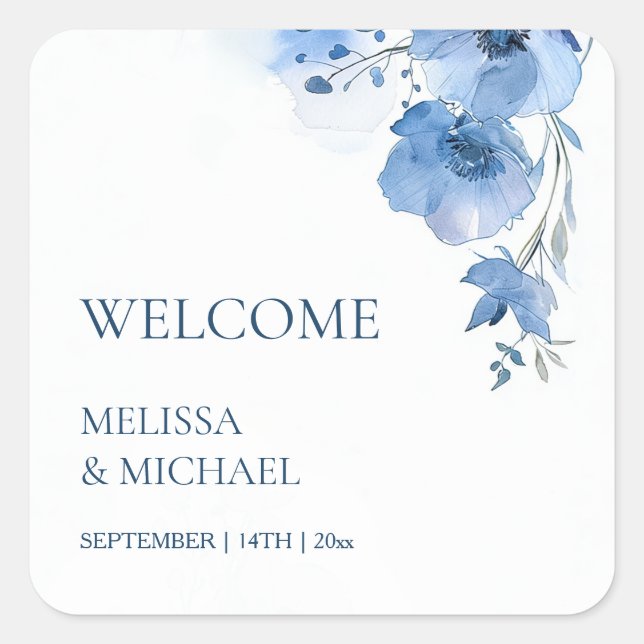 Blue Watercolor Flowers Wedding Welcome Square Sticker (Front)