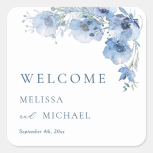 Blue Watercolor Flowers Wedding Welcome Square Sticker