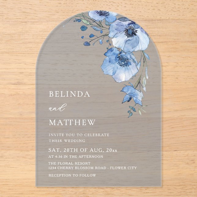 Blue Watercolor Flowers White Acrylic Invitations (Front)