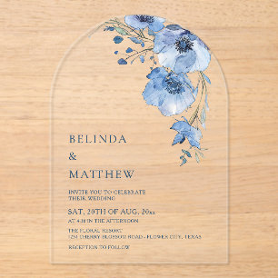 Blue Watercolor Flowers White Acrylic Invitations