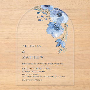 Blue Watercolor Flowers White Acrylic Invitations