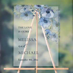 Blue Watercolor Flowers White Transparent Acrylic Sign