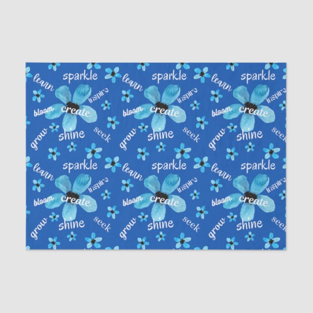 Blue Watercolor Flowers with Affirmations Tissue Paper (Front)