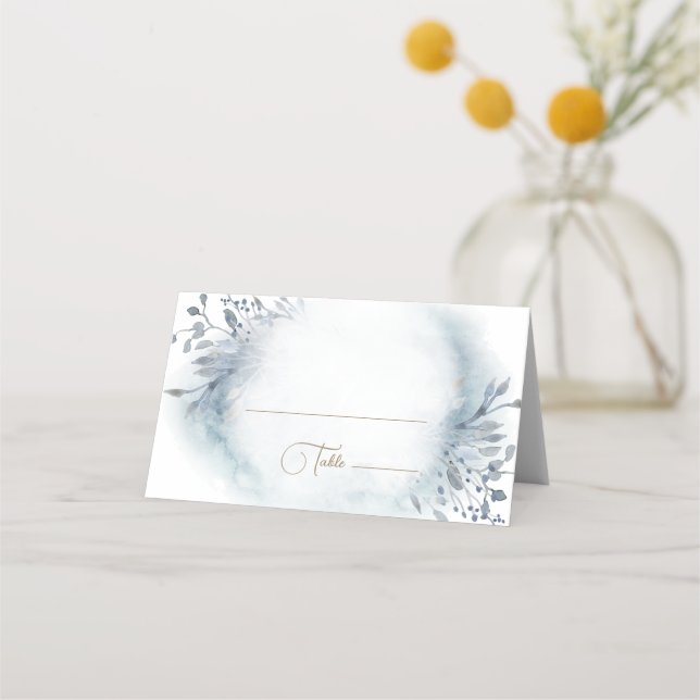 blue watercolor foliage Baptism Folded Place Card (Back)
