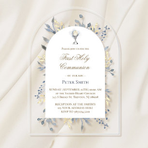  blue watercolor foliage First Holy Communion  Acrylic Invitations