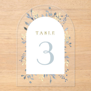 blue watercolor foliage table number