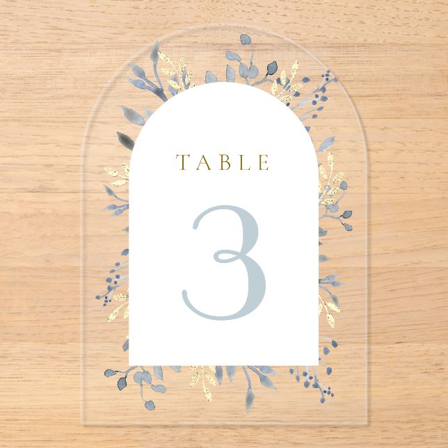  blue watercolor foliage table number (Front)