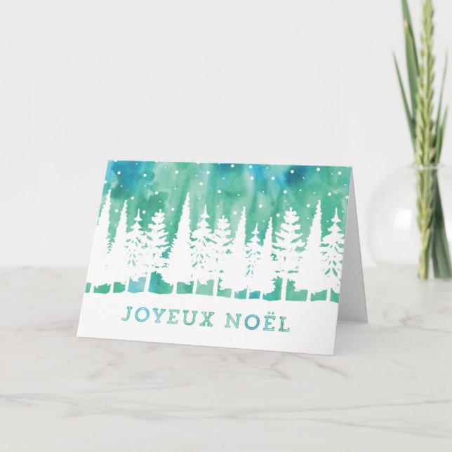 Blue Watercolor Forest French Christmas Card (Front)