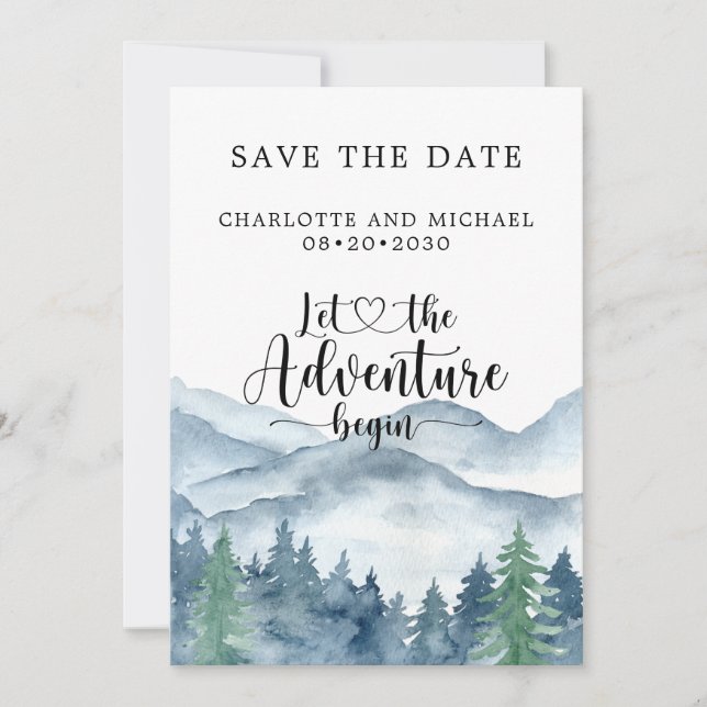 Blue Watercolor Forest Mountains Save The Date (Front)