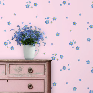Blue watercolor forget-me-not flowers - pink wallpaper