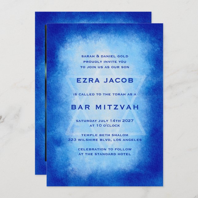 Blue Watercolor Frame Custom PHOTO Bar Bat Mitzvah Invitation (Front/Back)