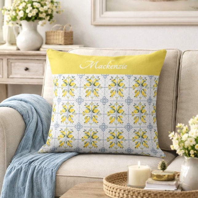 Blue Watercolor French Country Lemon Name Monogram Cushion (Creator Uploaded)
