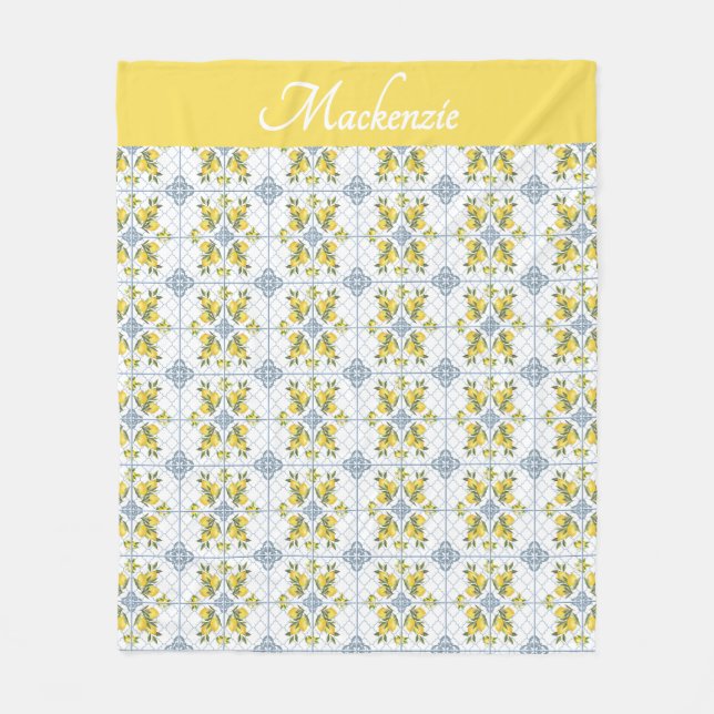 Blue Watercolor French Country Lemon Name Monogram Fleece Blanket (Front)