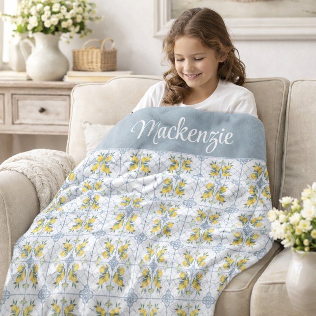Blue Watercolor French Country Lemon Name Monogram Fleece Blanket (Creator Uploaded)