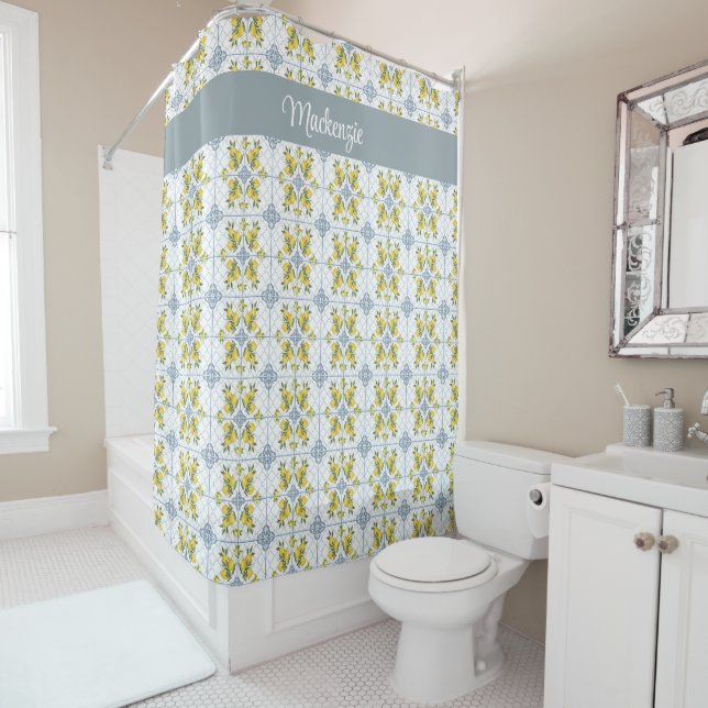 Blue Watercolor French Country Lemon Name Monogram Shower Curtain (In Situ)