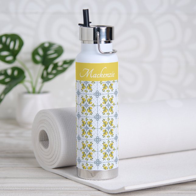 Blue Watercolor French Country Lemon Name Monogram Water Bottle (Yoga)