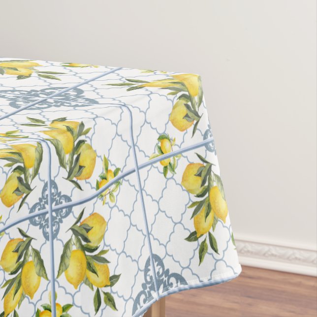 Blue Watercolor French Country Lemon Tablecloth (In Situ)